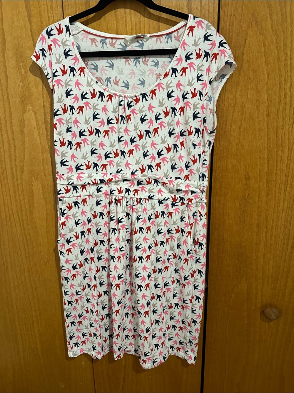Boden White Scoop-Neck Dress with Red, Pink & Navy Bird Print